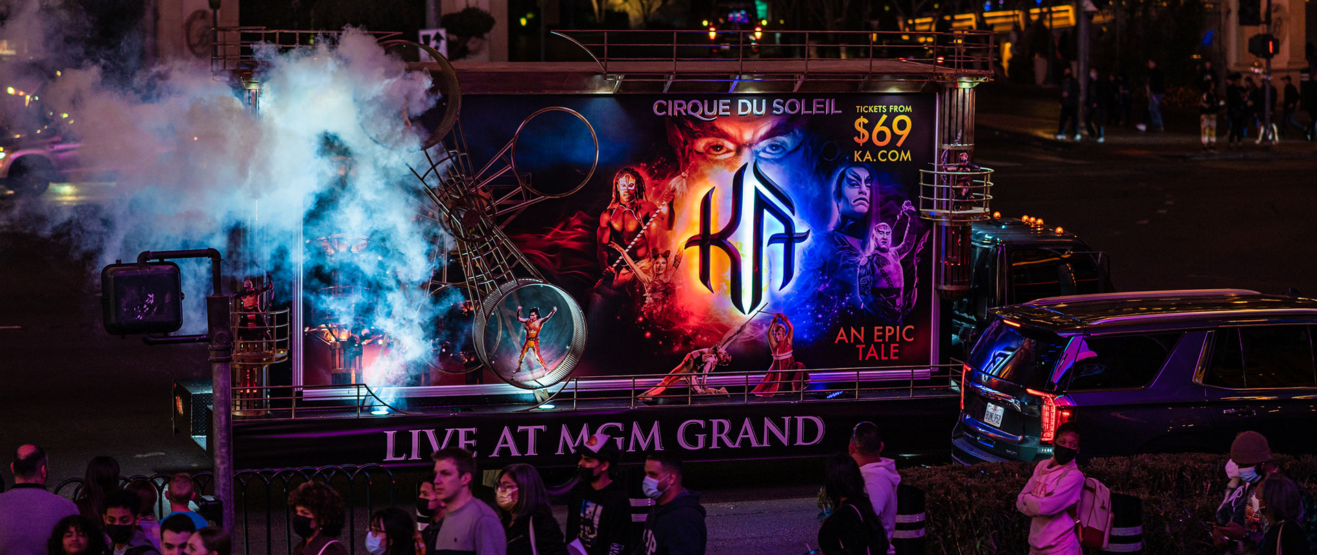 Cirque Du Soleil Ka Custom Truck on the Strip with smoke coming off it.
